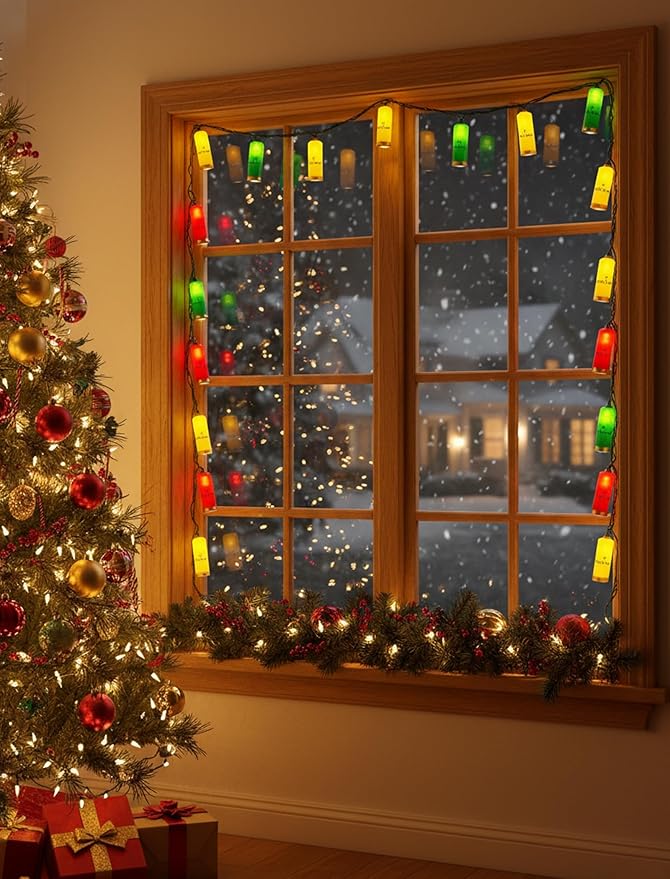 8.5Ft Multicolor Shotgun Shell String Lights Plug in, 10 LED Red Green Yellow Bullet Shape Lights, Connectable Hanging Bullets Lights for Patio Party Cinco de Mayo Mexican Fiesta Christmas Tree Decor