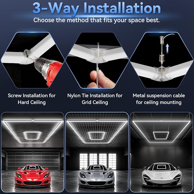 LZHOME LED Garage Lights: 355W Super Bright Square Garage Lights, 5000K Natural White LED Gym Lighting Hexagon Light for Workshop Warehouse Car Detailing Shop