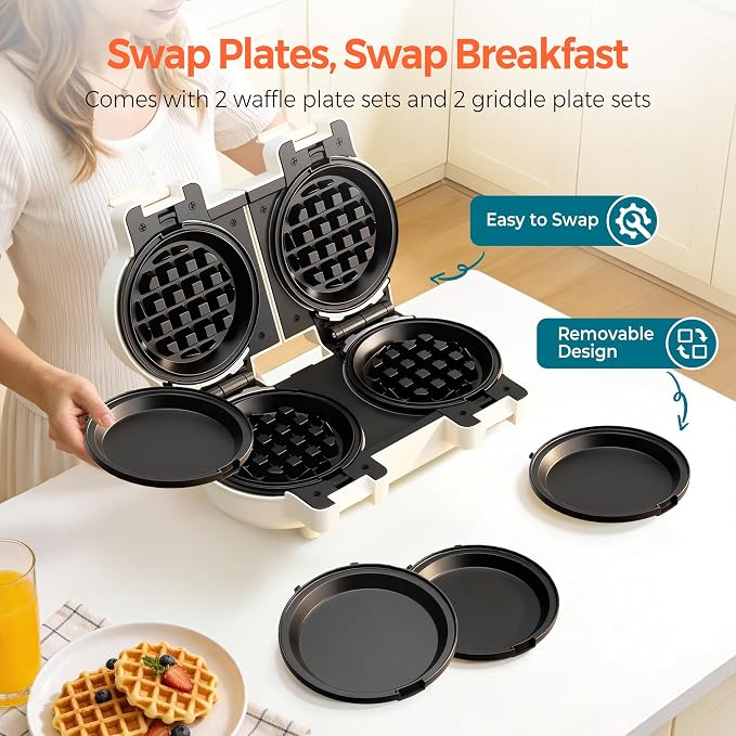 2-in-1 Double Waffle & Pancake Maker - CACHOO Mini 4" Nonstick Waffle Iron & Small Round Griddle with 4 Removable Plate Sets, Dishwasher Safe, Perfect for Small Spaces, Apartments & Dorms, Beige