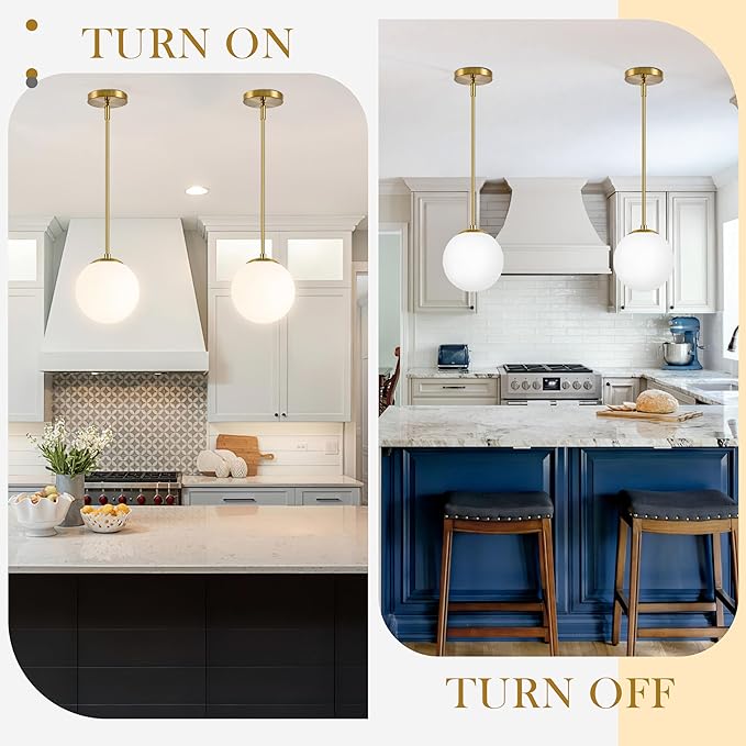 Bagood 8" Globe Pendant Light Gold 2 Pack Mid Century Pendant Light Globe Pendant Lights Kitchen Island Brushed Brass Finished with Milk Glass Adjustable Ceiling Light Fixtures for Dining Room Bar