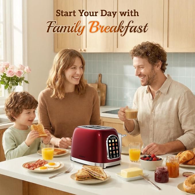RONGBEST Retro Stainless Steel 2 Slice Toaster with Touchscreen Wide Slot for Family Breakfast Bagel & Bread, Reheat & Defrost, 6 Browning Levels, Removable Crumb Tray, Red Pearl