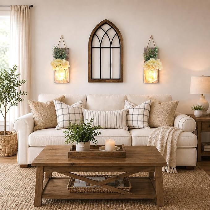 Rustic Wall Decor Set of 2, Modern Farmhouse Decor Living Room for Home Living Room Bedroom Decorations with Rose Bouquet Flowers and Remote LED Fairy Lights (X-Large Brown)