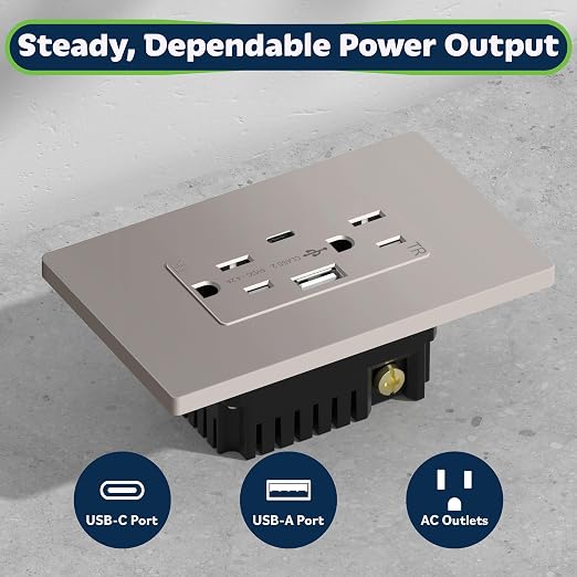 TOPGREENER USB Outlets, 15 Amp USB Receptacle with Type A & Type C Ports, 4.2A Tamper-Resistant USB Outlets Receptacles, Electrical Socket, UL Listed, Wall Plate Included, TU21536AC-NKWSI, Nickel