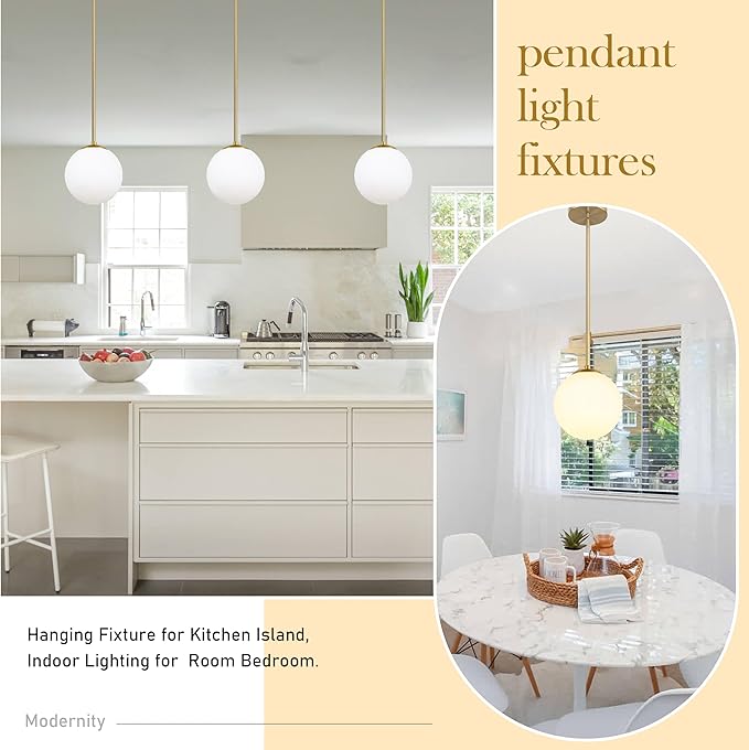 Bagood 8" Globe Pendant Light Gold Mid Century Modern Light Fixture Globe Pendant Lights Kitchen Island Milk Glass Pendant Light Brushed Brass Finished with Milk Glass Lampshade for Dining Room