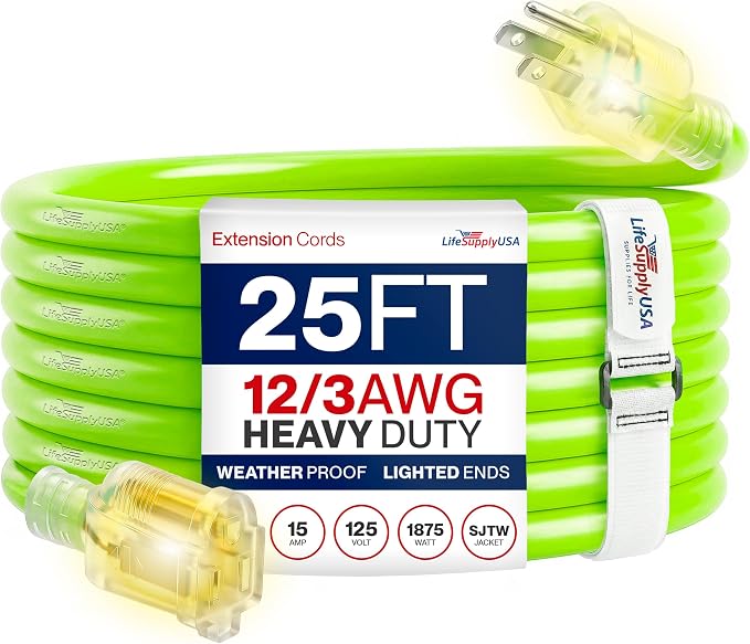 25ft Outdoor/Indoor Extension Cord 12/3 Gauge Extra Heavy Duty 3 Prong SJTW, Waterproof, Flexible Cold-Resistant Long Power Cord, 15A 125V 1875W, Neon Green by LifeSupplyUSA