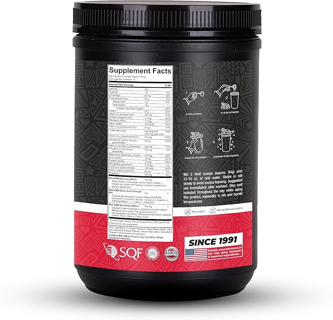Max Muscle Arm Plus+ Anabolic Recovery Matrix | 25g Protein, 8g Bcaas, 3g Creatine Monohydrate | Whey Protein, Amino Acids, Antioxidants, Glutamine, Electrolytes (Intense Strawberry, 2.54 lb)