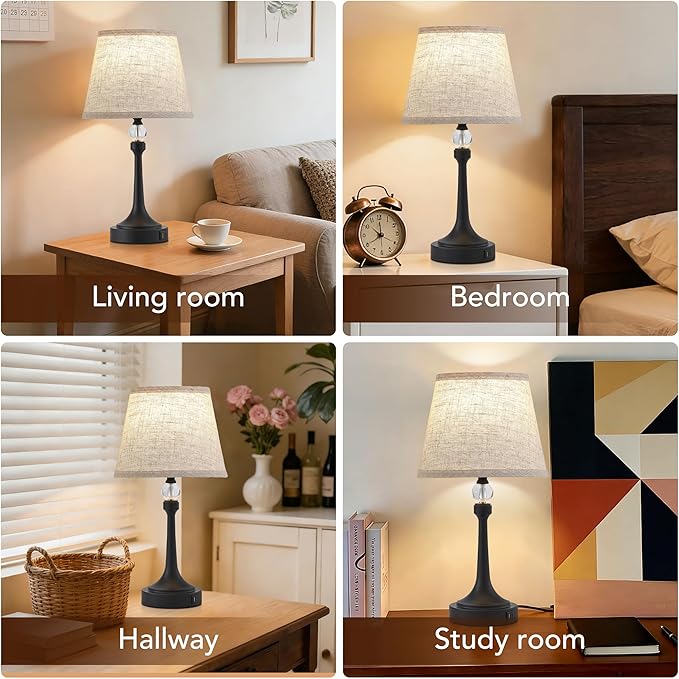 19.7'' Touch Table Lamps for Living Room, Small Lamp for Bedroom with USB C+A Ports, Dimmable Touch Lamps Set of 2, Reading Desk Lamp for Office, Metal Bedside Lamps, Bulbs Included, Black