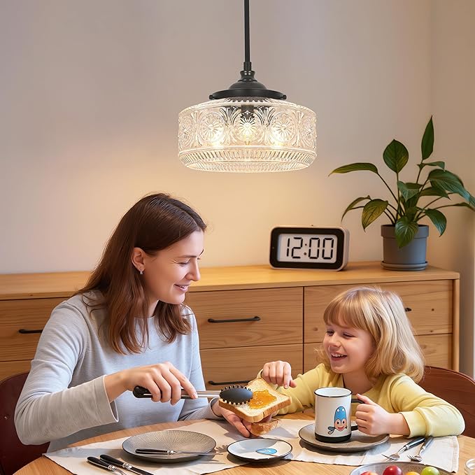Modern 3 Lights Drum Pendant Light with Etched Glass Shade, Adjustable Height Black Pendant Lights Kitchen Island, Chandelier for Dining Room, Bedroom, Hallway, Bathroom, E12 Base, Bulbs Not Included