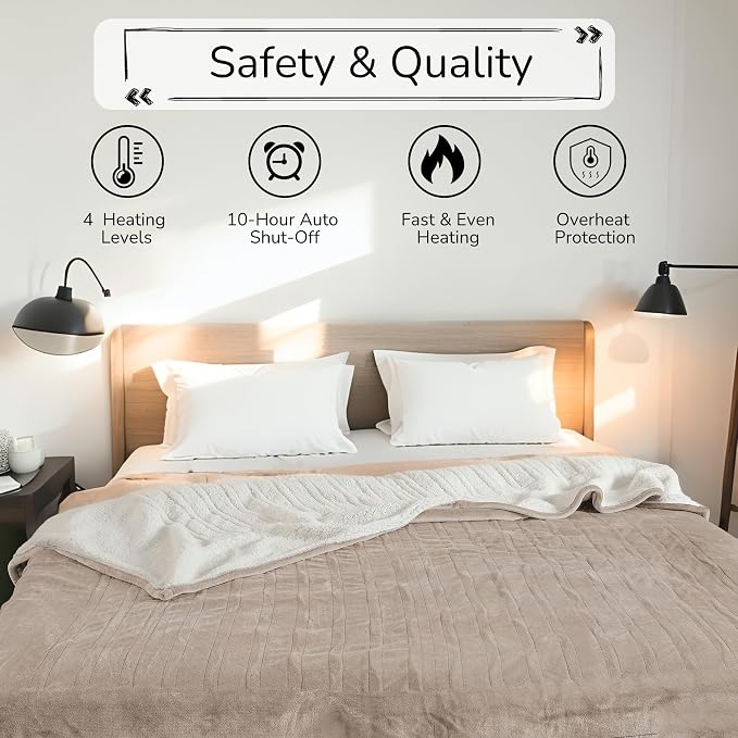 Electric Heated Blanket 84"x90" Queen Size, Dual-Sided Microplush Sherpa for Bedroom Couch Use, 4 Heat Settings & 10 Hours Auto Off Energy Saving, Dual Controller, Machine Washable - Light Brown