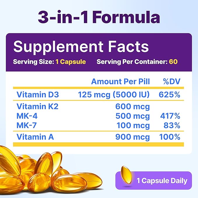 InnovixLabs Vitamine D3 K2 - 5000 UI Vitamine D3 Plus 600 mcg Vitamine K2 MK4 et MK7 pour une absorption maximale du calcium, soutient la santé des os, le système immunitaire, la santé cardiaque, testé par des tiers, sans gluten, 60 gélules (lot de 2)