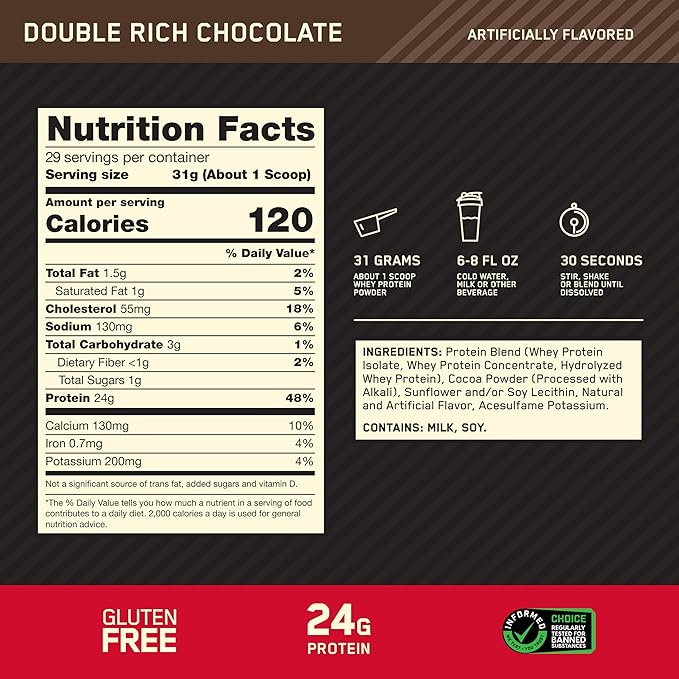 Optimum Nutrition Gold Standard 100% Whey Protein Powder, Double Rich Chocolate 1.98 Pound (Packaging May Vary)