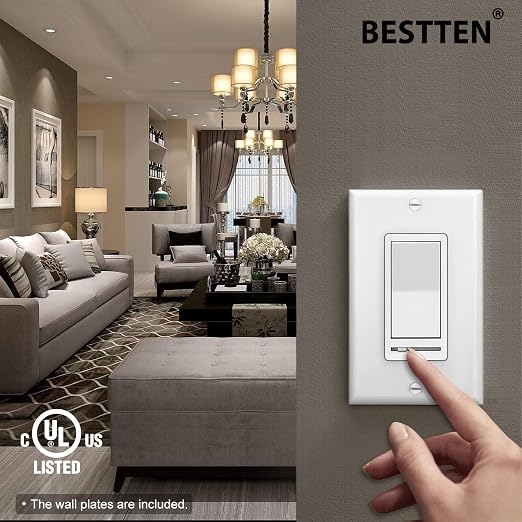 BESTTEN 6 Pack Dimmer Light Switch, Single-Pole or 3-Way Slide, Compatible with 150W Dimmable LED/CFL & 600W Incandescent Bulbs, Wall Plate Included, UL Listed, White