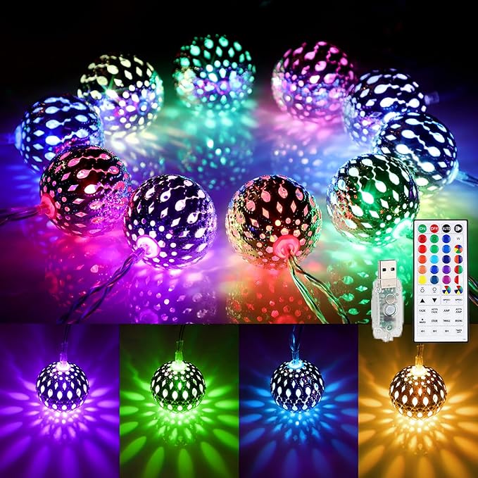 OMIKA 24 Colors Changing Globe String Light for Diwali Decor, 13ft 40 Silver Metal Balls LED Fairy Lights with Remote Timer Moroccan Orb Decorative Diwali Lights for Room Party Christmas Boho Décor