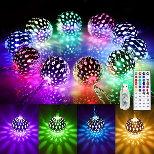 OMIKA 24 Colors Changing Globe String Light for Diwali Decor, 13ft 40 Silver Metal Balls LED Fairy Lights with Remote Timer Moroccan Orb Decorative Diwali Lights for Room Party Christmas Boho Décor