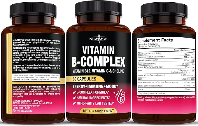 Vitamin B Complex for Men & Women - Made in USA - B-Complex: B1, B2, B3, B5, B6, B7, B8, B9, B12 with Vitamin C, Choline, Inositol - Energy, Brain & Heart Support Supplement - 120 Vegan Capsules