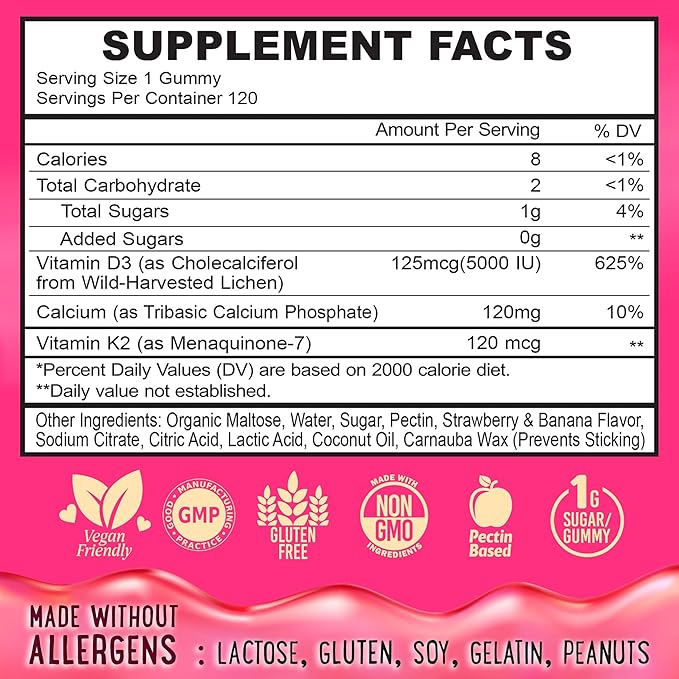 Center-Filled Vitamin D3 K2 & Calcium Gummies - Supplement for Healthy Teeth, Bone & Energy - 5000 IU D3, 120 mcg K2(MK-7), 120 mg CA - Vegan & Non-GMO - 120 Count