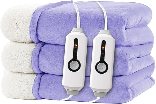 Electric Heated Blanket King Size 90"x100" – ETL Certified for Safe Overnight, 4 Heat Settings & 10H Auto Off, Dual-Sided Microplush Sherpa for Home Theater Night, Machine washable – Light Purple
