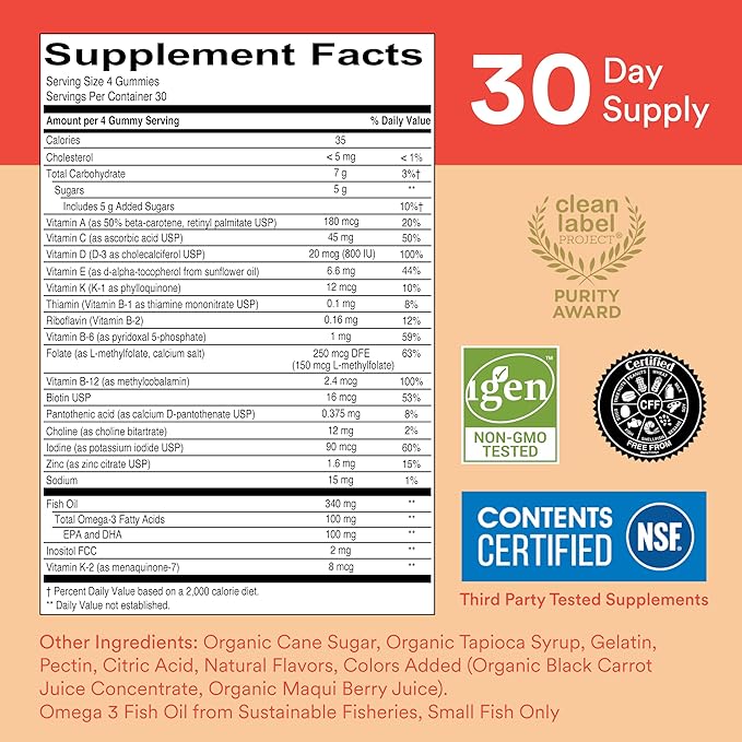 Gommes multivitaminées SmartyPants pour enfants : Huile de poisson Oméga 3 (EPA/DHA), Vitamine D3, C, Vitamine B12, B6, A, K et Zinc pour le soutien immunitaire, Biotine, Saveurs Raisin, Cerise et Baies, 120 unités (30 jours de provision)