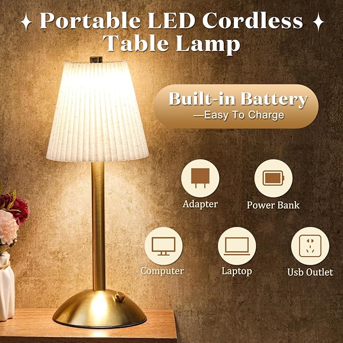Liliful 2 Pcs Cordless Table Lamp Rechargeable Touch LED Small Gold Portable Battery Operated USB-c Desk Lamp 3 Color Dimmable for Bedroom Living Room Dining (Gold,Linen Fabric)