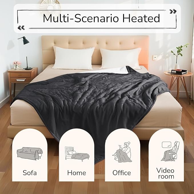 Electric Heated Blanket Queen Size 84"x90" – ETL Certified for Safe Overnight, 4 Heat Settings & 10H Auto Off, Dual-Sided Microplush Sherpa for Home Theater Night, Machine washable – Iron Gray