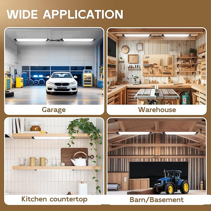 hykolity 4 Pack 2FT LED Shop Lights, 22W (200W Equivalent) 2400LM, 5000K Daylight White, Linkable Garage Light for Ceiling, Workshop, Basement, Hanging or Surface Mount with Plug,Black - ETL