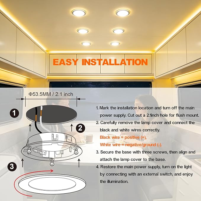 12V Under Cabinet Lighting RV Low Voltage Lights Marine LED Fixtures 12 Volt DC Puck Light Recessed Warm White 3000K, White Shell, 2watts 100lumens 2.7inch Pack of 6