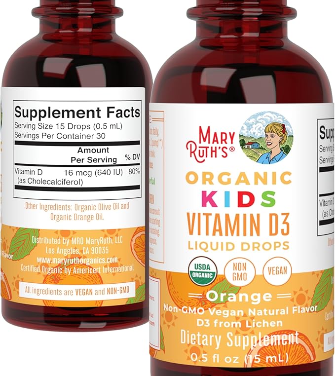 MaryRuth Organics USDAオーガニックキッズ用液体ビタミンD3 | 1回分あたりビタミンD3 640IU配合 | お子様の免疫サポート・骨の健康補助食品 | 4～13歳向け | 0.5oz | 30回分