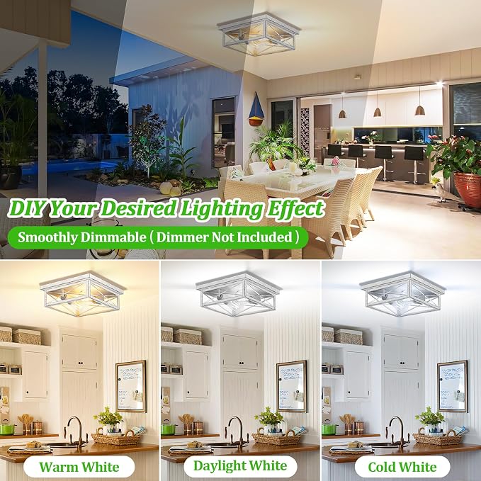 Kondras Antique White Hallway Light Fixture, 2-Light Farmhouse Flush Mount Ceiling Lighting, 1-Pack Metal Kitchen Lighting Fixture, Square Close to Ceiling Lamp for Bedroom Living Room Entryway