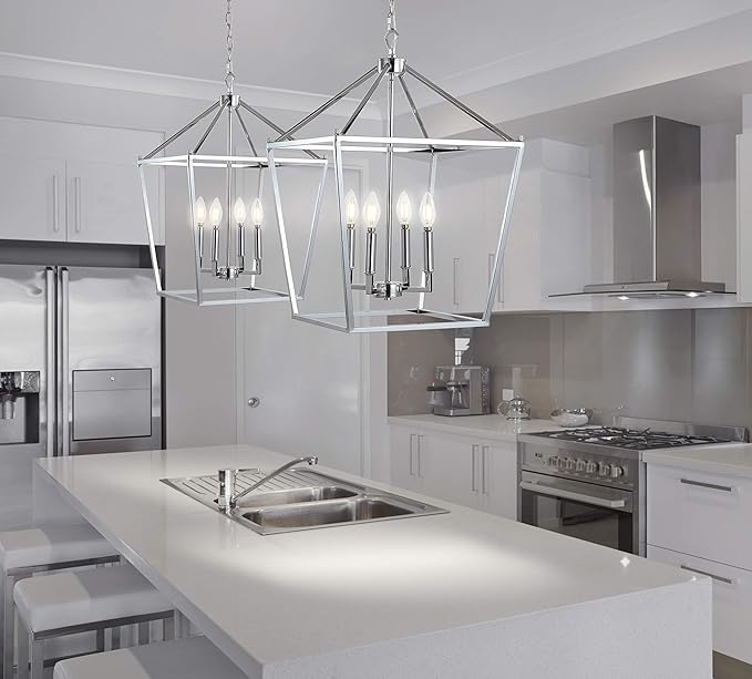 JONATHAN Y 16" Chrome Lantern Pendant Light, 1-Light Pagoda Style Metal Cage Farmhouse Hanging Ceiling Fixture for Kitchen Island, LED Bulb Included (JYL7437C)