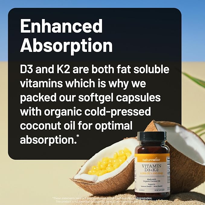 NatureWise Vitamine D3 10 000 UI et K2 (MK-7) 200 µg avec huile de noix de coco extra vierge biologique – Favorise l'absorption du calcium, la santé des os, du cœur et du système immunitaire – Sans OGM, sans soja et sans gluten – 90 capsules molles