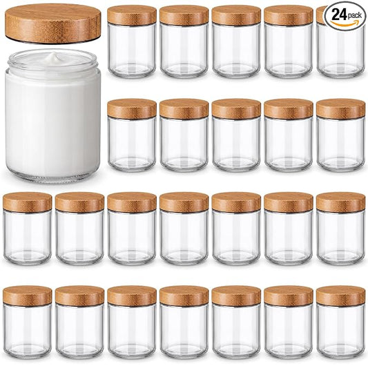 Norme 24 Pcs 8oz Glass Jars with Lids Empty Small Glass Containers and Inner Liners Reusable Cosmetic Jars Round Airtight Bottles with Plastic Wood Grain Lids for Travel
