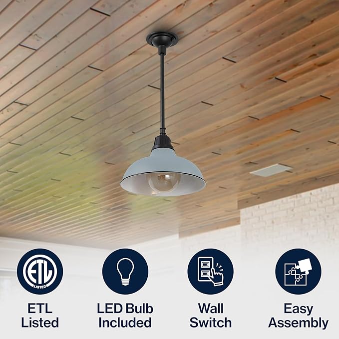 JONATHAN Y 12.25" Matte Silver 1-Light Blue Farmhouse Indoor/Outdoor LED Pendant Iron Hanging Light, and Black Metal Shade, Rustic Ceiling Lamp for Kitchen Island, LED Bulb Included (JYL7611K)