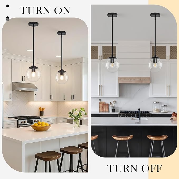 Bagood 6" Globe Pendant Light Black 2 Pack Mid Century Pendant Light Globe Pendant Lights Kitchen Island Matte Black Finished with Clear Glass Adjustable Ceiling Light Fixtures for Dining Room Bar