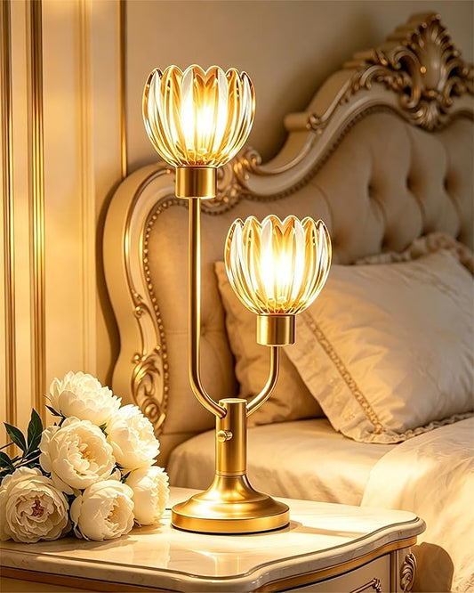 Lightdot Mid Century Modern Flower Table Lamp Dimmable Nightstand Lamp Amber Glass Vintage Gold Desk Lamp 2 Bulbs Included Warmwhite Ambient Bedside Lamp for Bedroom Living Room Home Office Decor Gift