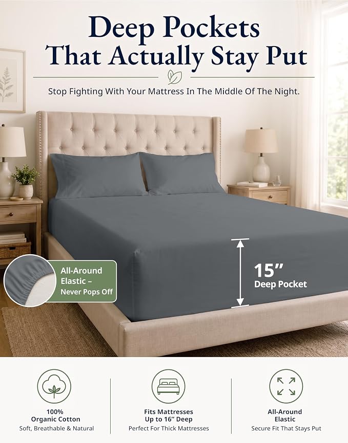 LANE LINEN King Size Fitted Sheet, 100% Organic Cotton, 3-Piece Set (1 Fitted Sheet,2 Pillowcases), Percale Weave, Ultra Soft, Breathable,Fits Mattress Upto 15" Deep - Charcoal (No Flat Sheet)