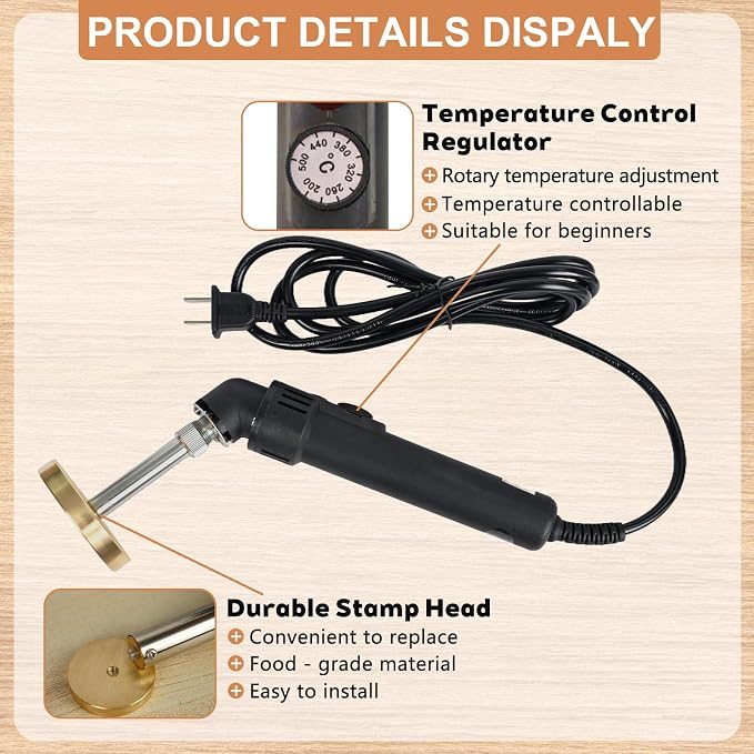 Terwex Custom Electric Branding Iron for Wood, Black Temperature-Controlled Wood Branding Iron Personalized Metal Stamp, Logo Branding Irons Letter Stamp for Leather Food, Woodworking Tools(3")