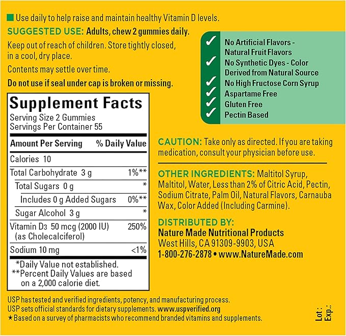 ネイチャーメイド ゼロシュガー ビタミンD3 グミ 2000IU（50mcg）1食分あたり、骨と免疫の健康をサポート、アスパルテーム不使用、ビタミンDグミ110粒、55日分