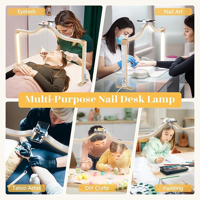Yokilly Arc Half Moon Light: 34" Shadow-Free Half Moon Light for Desk Salon - Foldable LED Desk Lamp with Stepless Brightness for Manicurist (Gold)