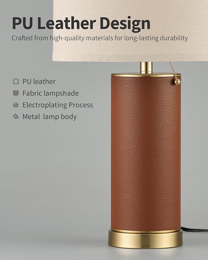 KDG 23.4" Brown PU Leather Table Lamps for Living Room Set of 2, E26 Socket LED Modern Home Decor Fabric Lampshade Desk Lamp Lighitng for Bedroom, Bedside, Farmhouse, Nightstand, Night Light