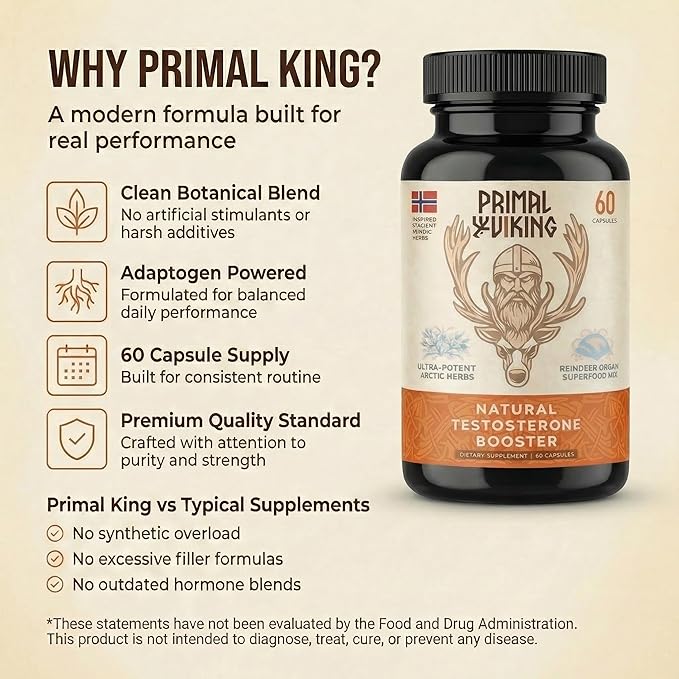 Primal Viking Men Wellness and Vitality Supplement Natural Support Capsules, Primal Viking Men Wellness and Vitality Advanced Formula, Overall Health Wellness, 60 Capsules for 1 Month (Pack of 1)