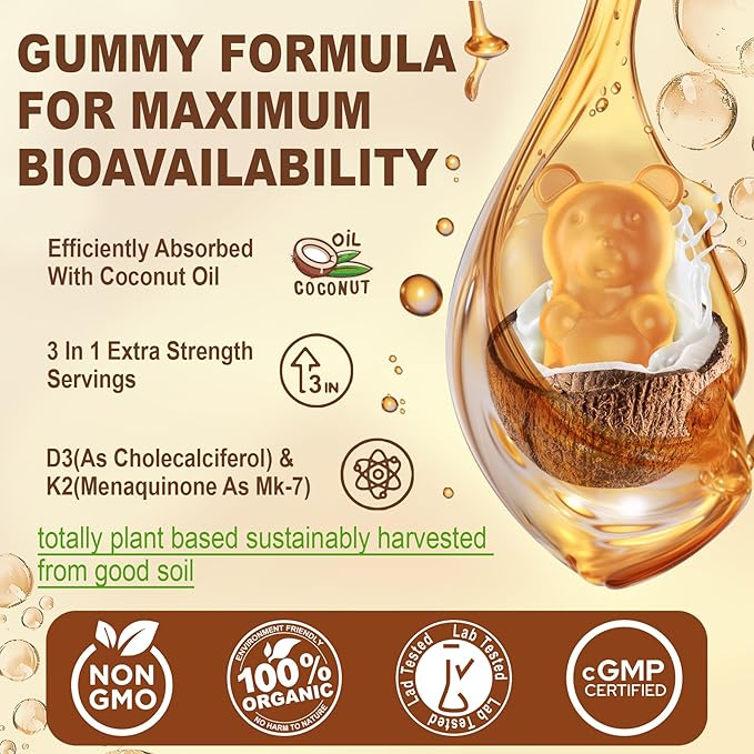 ビタミンD3 5000IU＆K2(MK7) 200mcg グミ + カルシウム 600mg、ココナッツオイル配合で高吸収、最大強度ビタミンD3 K2サプリメント - 骨、筋肉、歯、免疫のサポートに、ビーガン対応 60粒