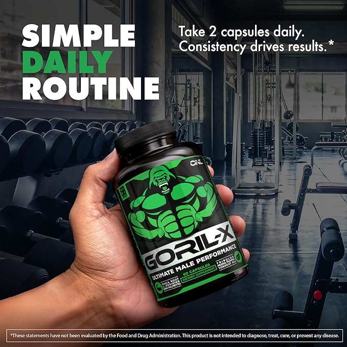 GORIL-X Testosterone Booster for Men - Workout Testosterone Supplements - Increase Size, Strength & Energy - 1000mg Male Enhancing Horny Goat Weed, Maca Root, Tongkat Ali & Tribulus Formula - 60 Caps