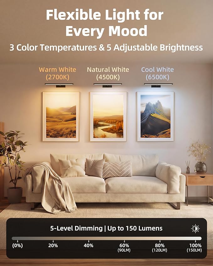 EZVALO Picture Light for Wall, 16'' Black Rechargeable 4800mAh Battery Lights Wireless Remote, Dimmable Magnetic LED Art Painting Light with 3 Color Temperatures, Display for Gallery, Living Room(2P)