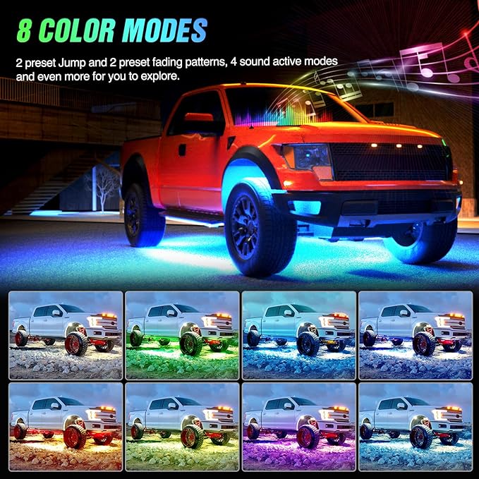 Nilight 4Pcs Car Underglow Neon Accent Strip Lights 252 LEDs RGB 8 Color Sound Active Function Music Mode with Wireless Remote Control Underbody Light Strips for Cars Van SUV Truck