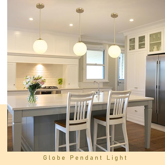 Bagood 8" Globe Pendant Light Gold Mid Century Modern Light Fixture Globe Pendant Lights Kitchen Island Milk Glass Pendant Light Brushed Brass Finished with Milk Glass Lampshade for Dining Room