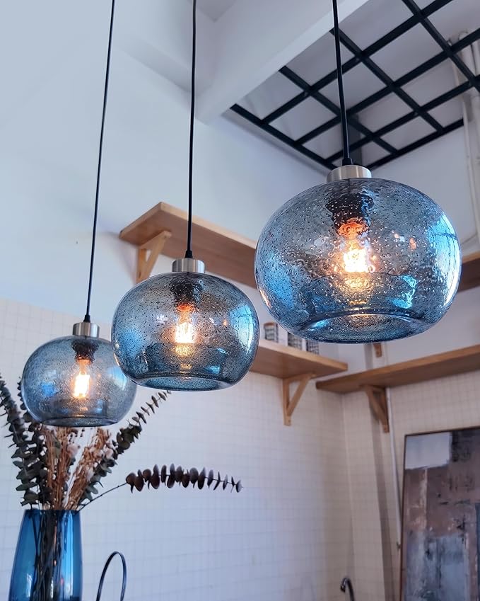 CASAMOTION Glass Pendant Lights Kitchen Island Modern Farmhouse Blue Ceiling Hanging Light Fixtures Globe Over Table Sink Foyer Entryway Brushed Nickel 8.7 Inch Diameter
