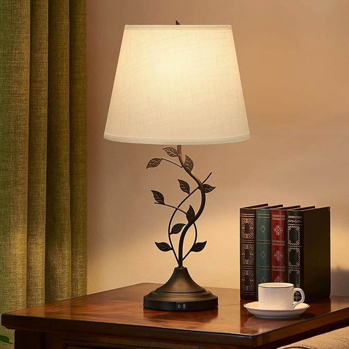 Kakanuo Table Lamp for Bedside, Lamp for Living Room with USB-A and USB-C Charging Ports, Traditional Tall Bedroom Lamp for End Table