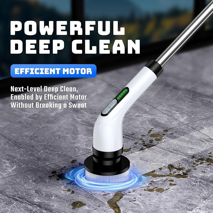 Electric Spin Scrubber for Bathroom: Shower Scrubber with Long Handle | Dual Speed Cordless Power Cleaning Scrub, 7 Brush Heads, IPX7 Waterproof Heavy Duty Cleaner Tools for Tub Tile Grout Wall