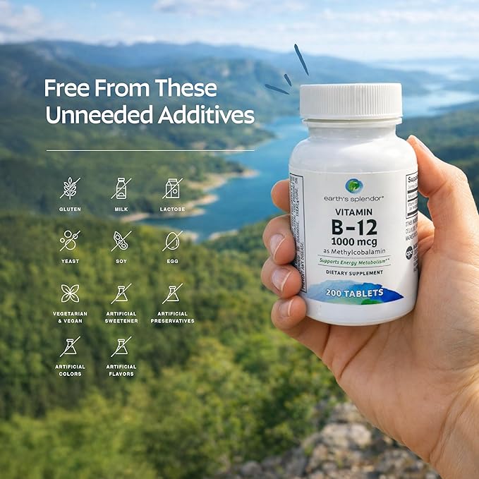 Compléments énergétiques Earth's Splendor, avec vitamine B12, sans colorant ni arôme artificiels, sans gluten, soutien du métabolisme énergétique (1000mcg, 200 comprimés)