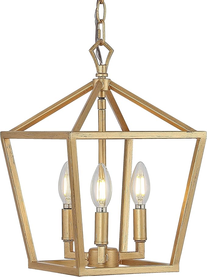 JONATHAN Y 10" Brass Gold 3-Light Pagoda LED Pendant Lantern, Classic Modern Farmhouse Chandelier for Kitchen Island, Dining Room, Entry, Foyer, Rustic Iron Frame (JYL7601B)